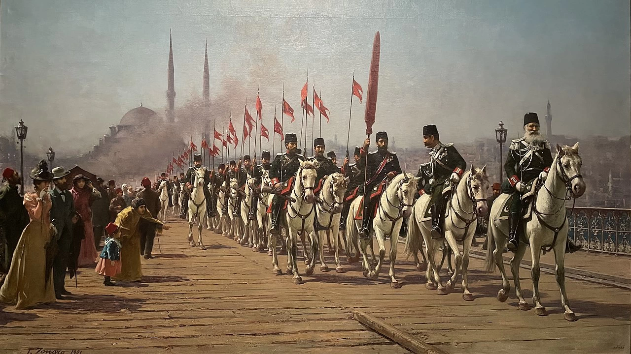 Il reggimento di cavalleria Ertugrul attraversa il ponte di Galata